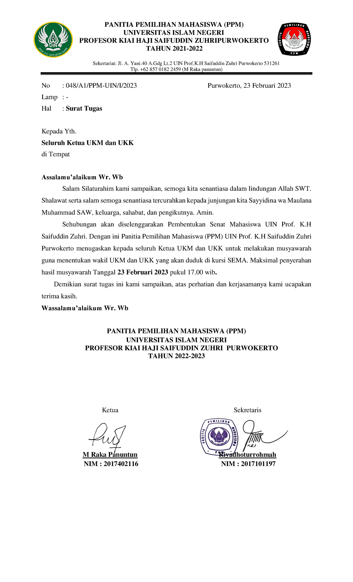 048 Surat Tugas UKM UKK - PANITIA PEMILIHAN MAHASISWA (PPM) UNIVERSITAS ...