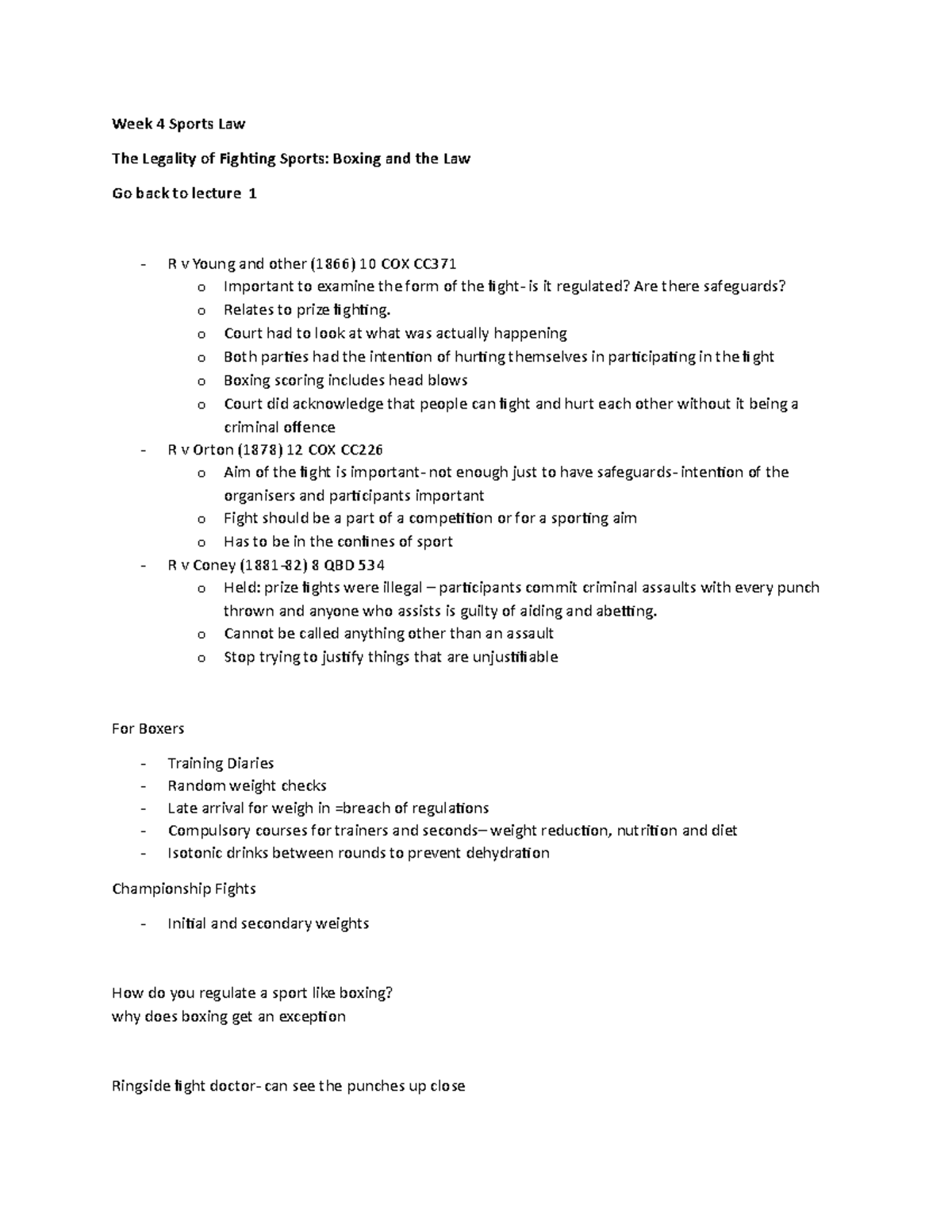 Week 4 Sports Law boxing in sport cases and notes UCC Studocu