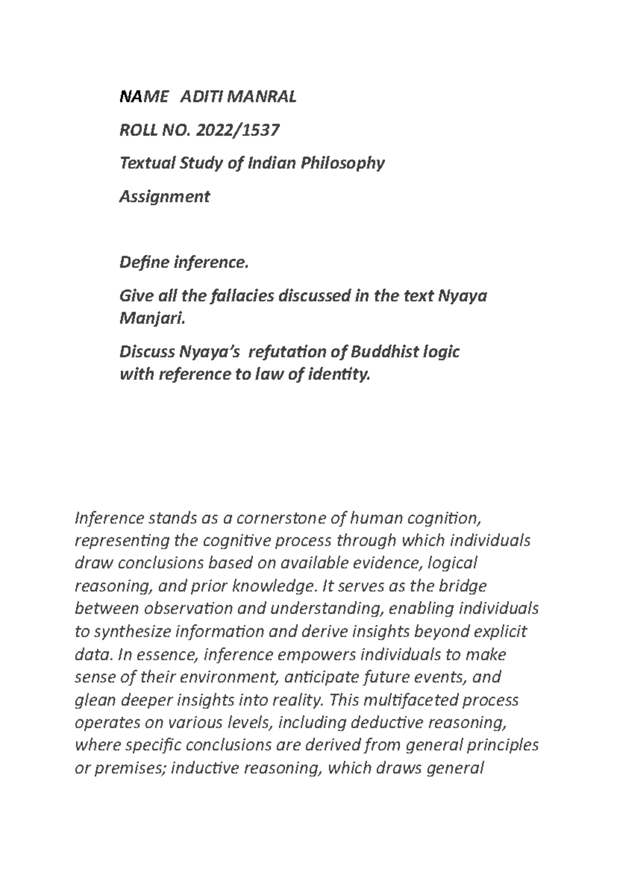 Tut work of indian - NAME ADITI MANRAL ROLL NO. 2022/ Textual Study of