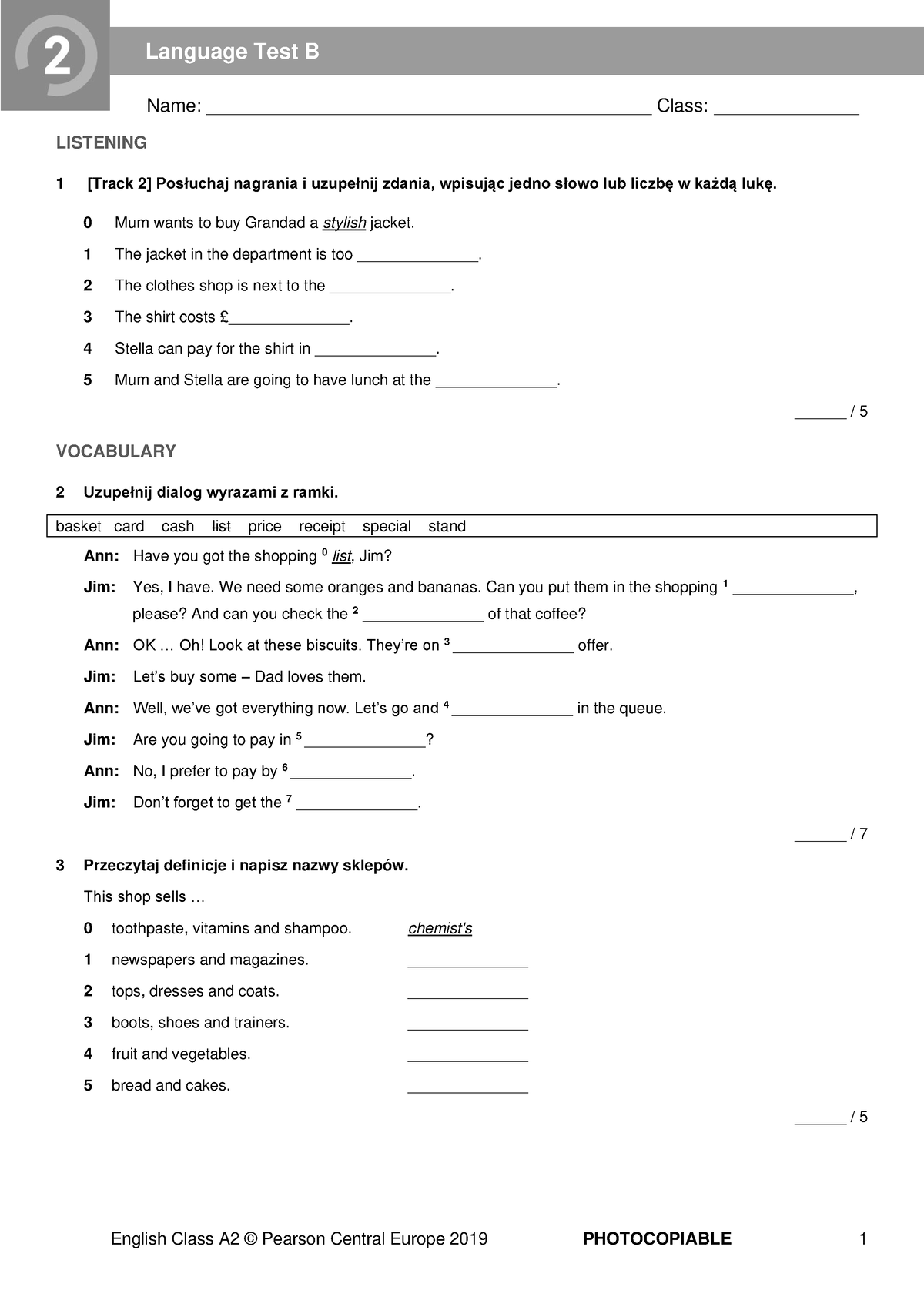 Class 6 EC A2 Tests - Language Test 2B-skonwertowany - Name: - Studocu