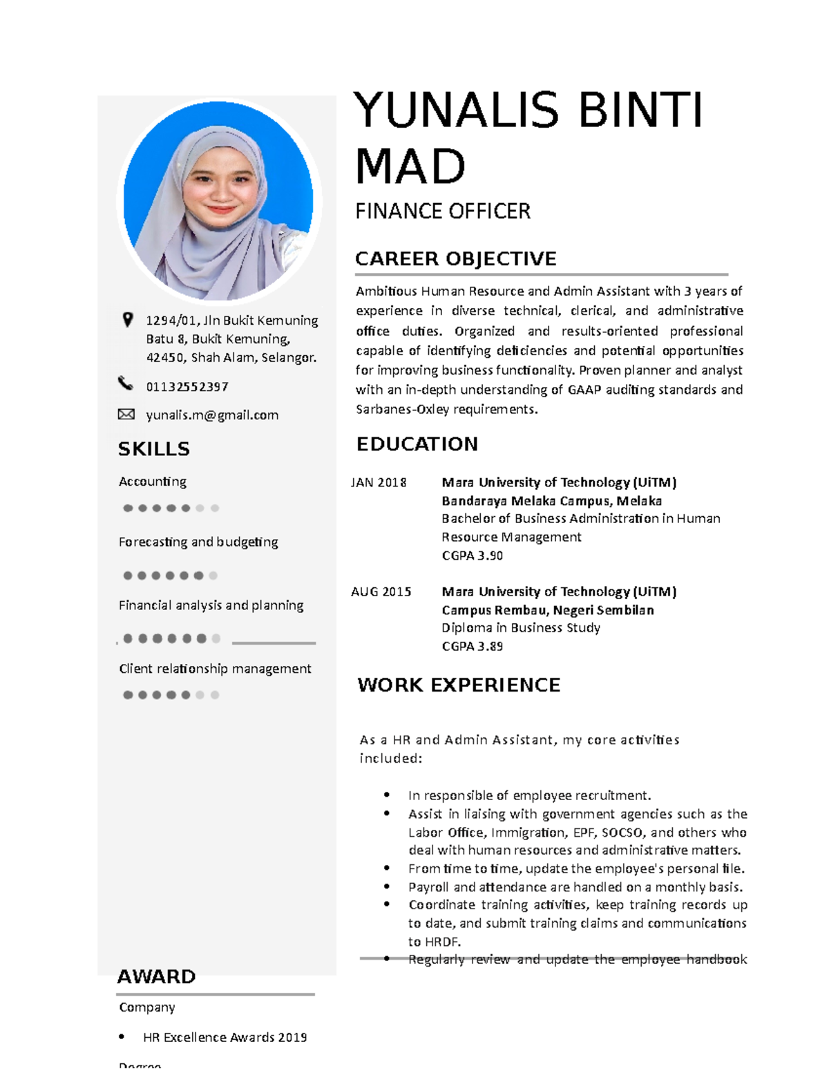 Yunalis Binti MAD - Resume - YUNALIS BINTI MAD 1294/01, Jln Bukit ...