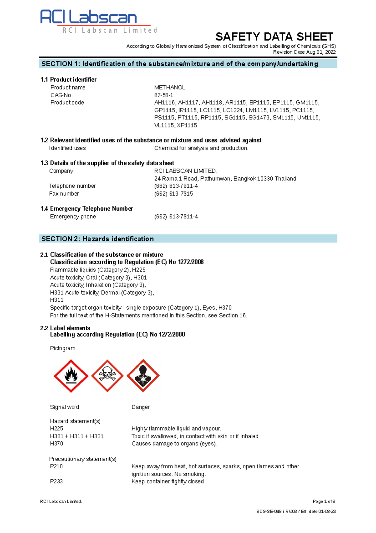 MethanolE010822 MSDS SAFETY DATA SHEET According to Globally