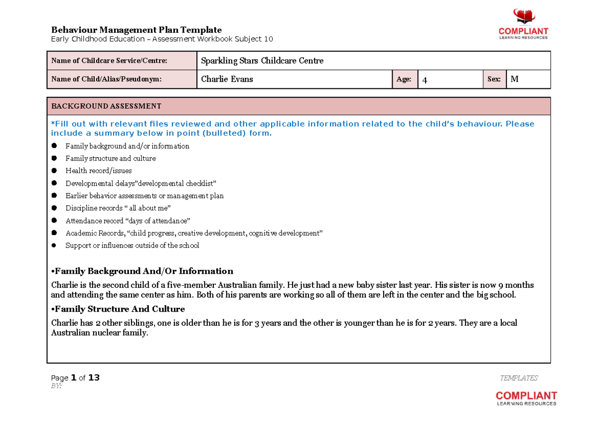 S10 Behaviour Management Plan V1 Early Childhood Education 