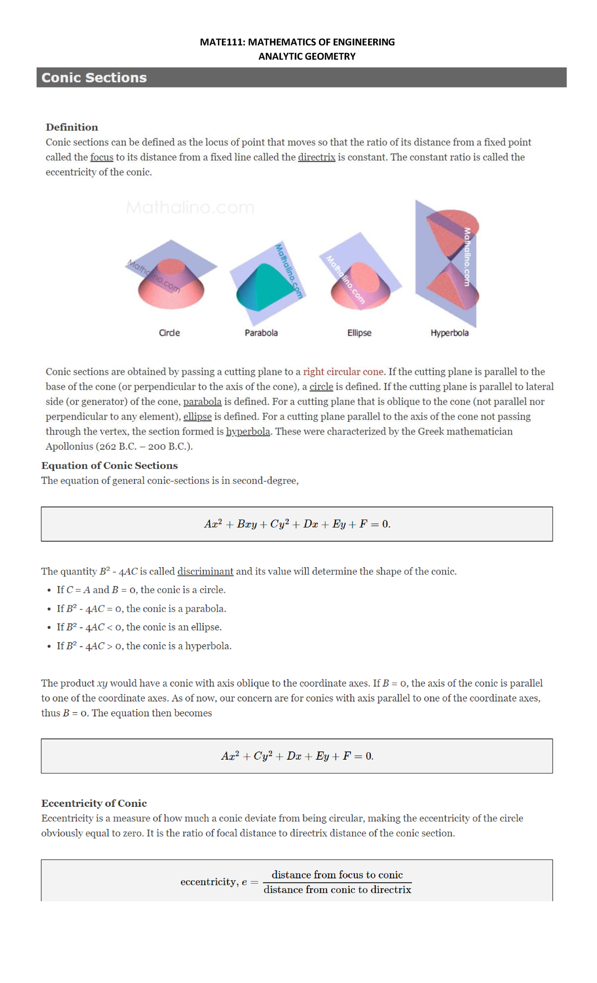 Conic Sections - Statistics - MATE111: MATHEMATICS OF ENGINEERING ...