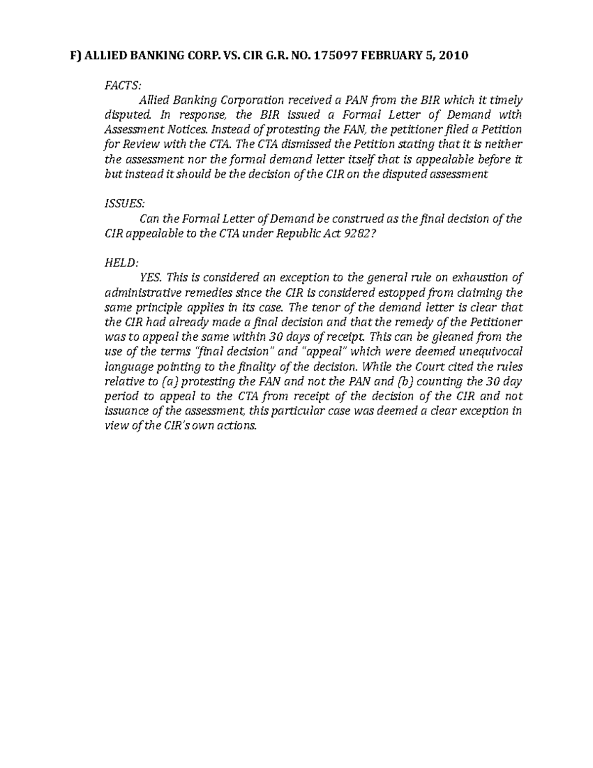 Tax allied banking vs cir - F) ALLIED BANKING CORP. VS. CIR G. NO ...