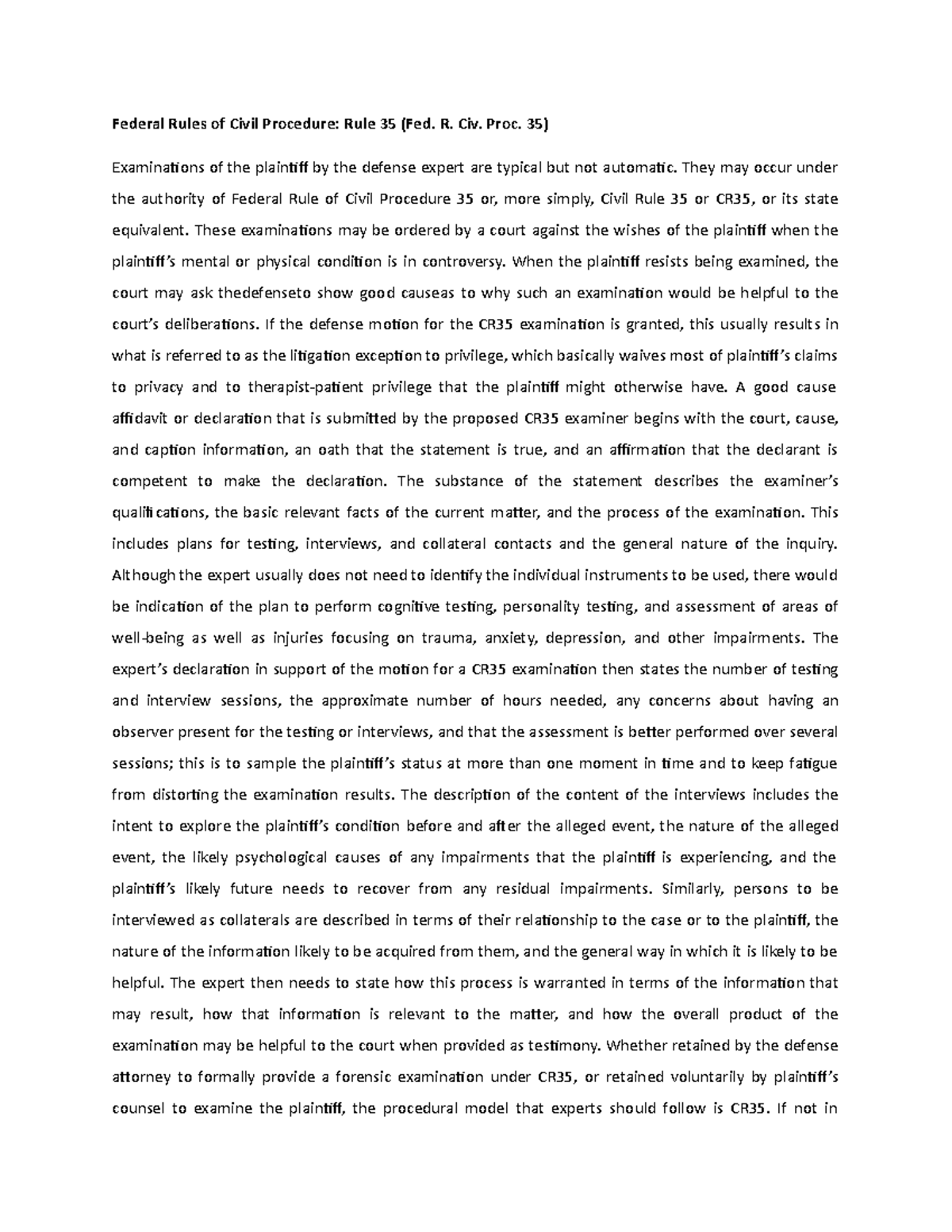 Federal Rules of Civil Procedure R. Civ. Proc. 35) Examinations of