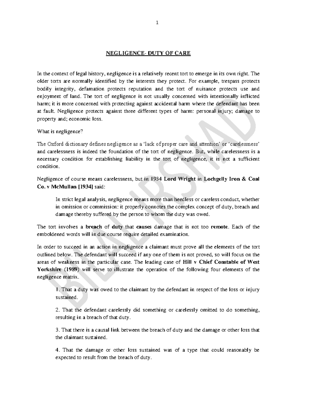 Duty of Care in regards with negligence - Tort Law - TMUC - Studocu
