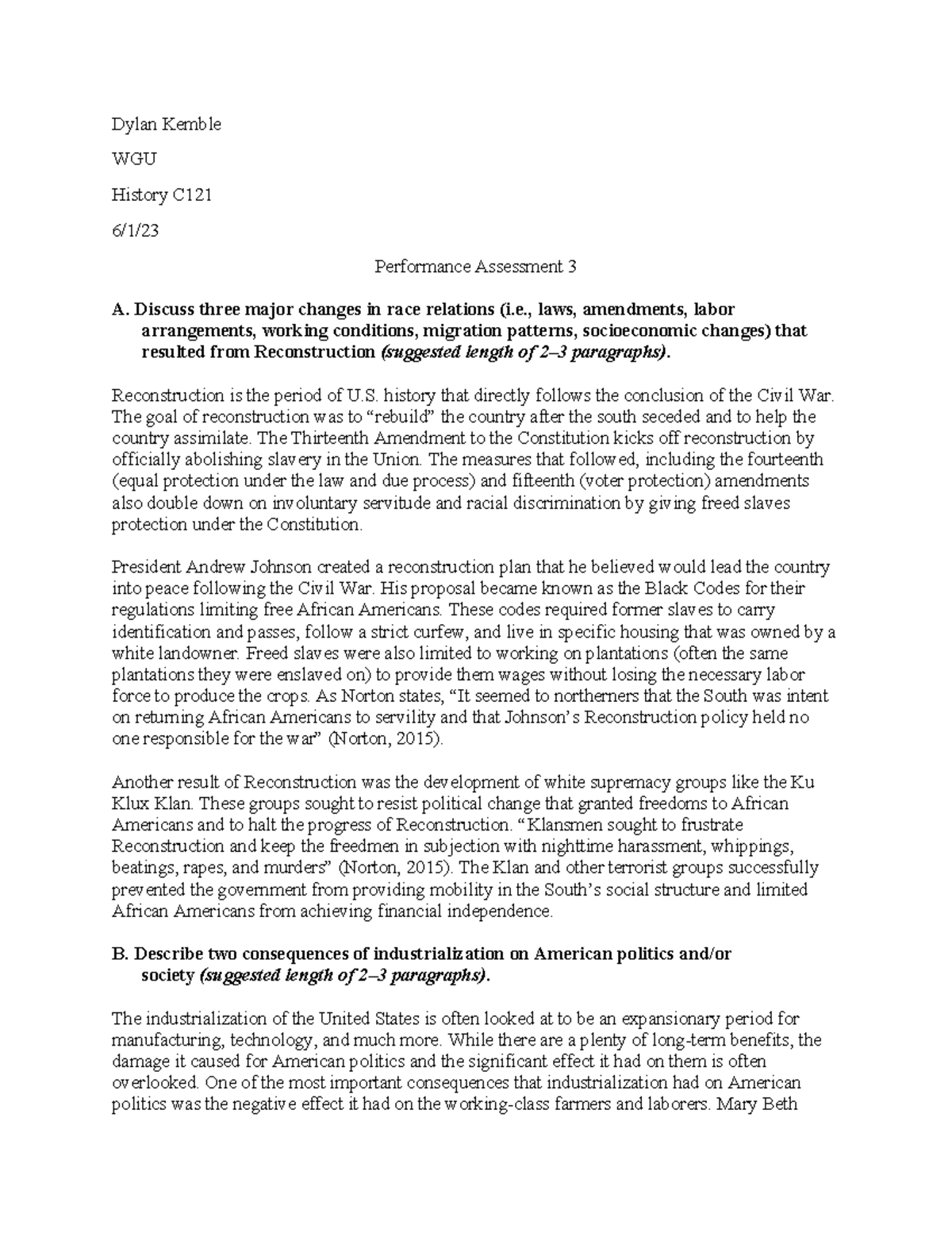C121 Task 3 - C121 Task 3 - Dylan Kemble WGU History C 6/1/ Performance ...