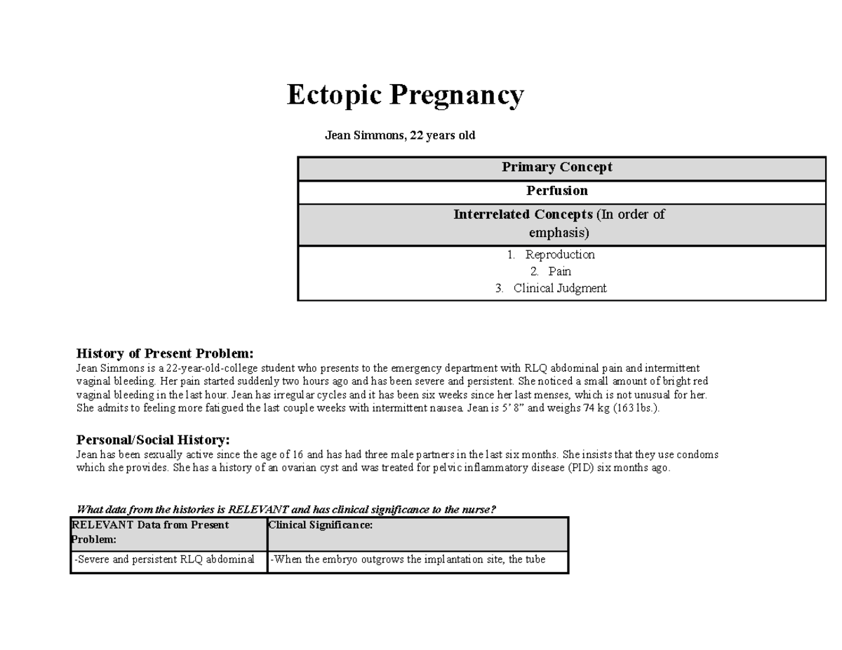 Copy Of Ectopic Pregnancy Case Study Ectopic Pregnancy Jean Simmons 