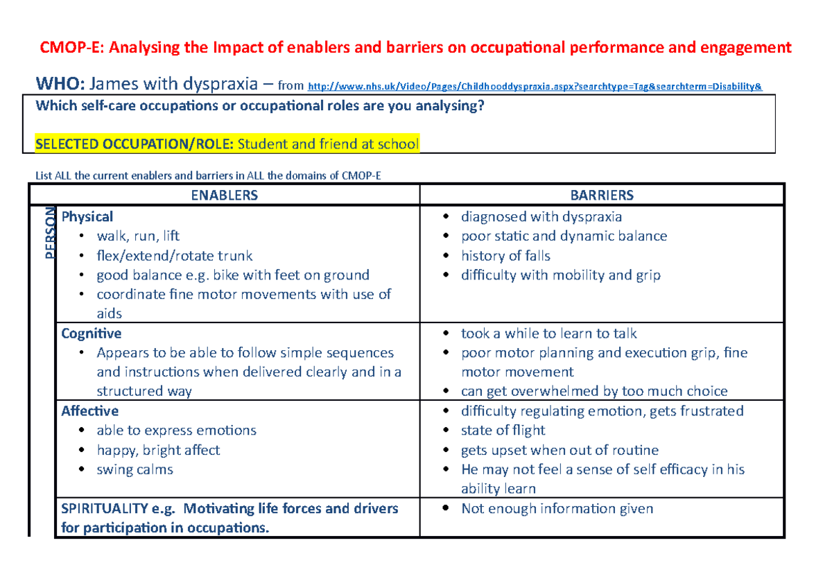 Example CMOP-E analysis - James - young child - CMOP-E: Analysing