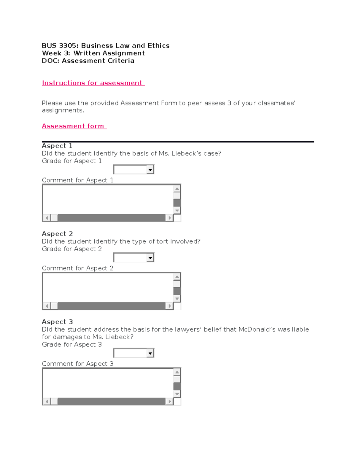 BUS 3305 - Week 3 Assessors Critreria - BUS 3305: Business Law And ...