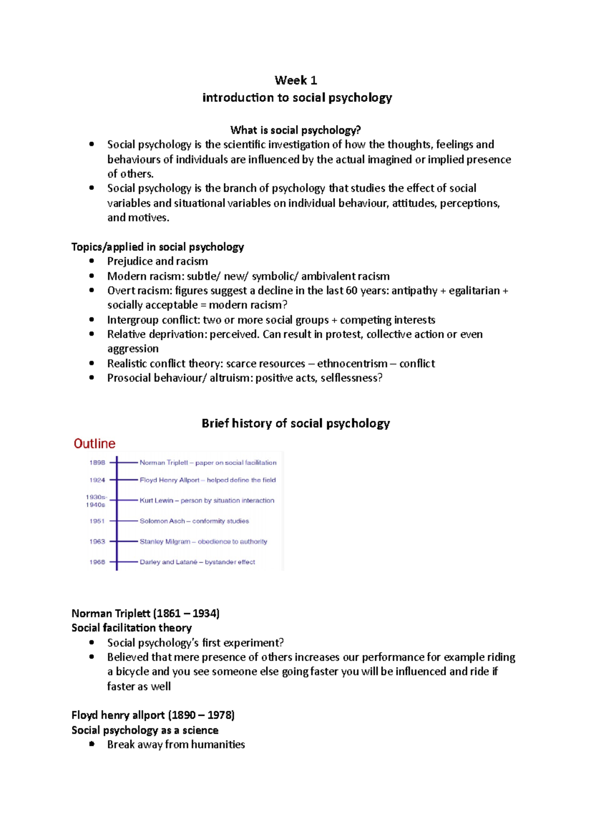 Week 1 intro to social psych - Week 1 introduction to social psychology ...