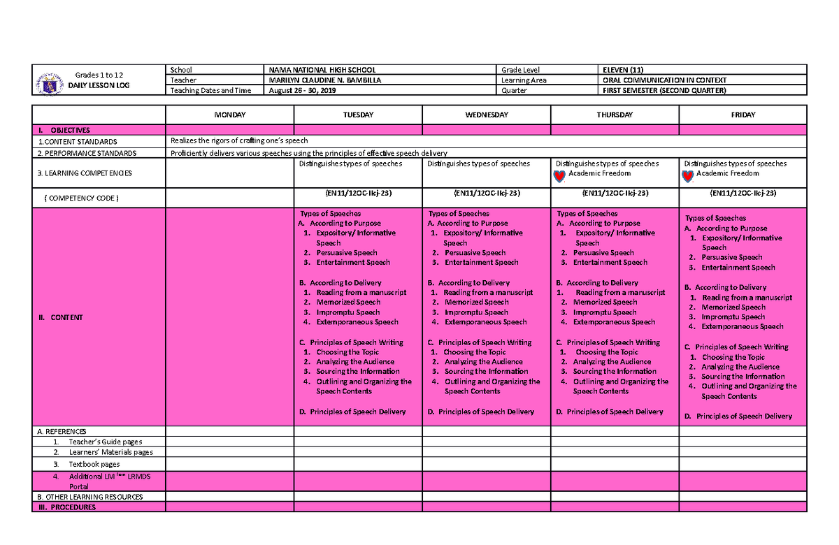 DLL (August 26) - Reference - Grades 1 to 12 DAILY LESSON LOG School ...