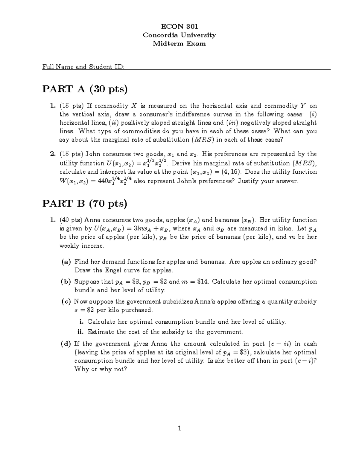 Midterm 07 29 February 2020, questions - ECON 301 Concordia University ...