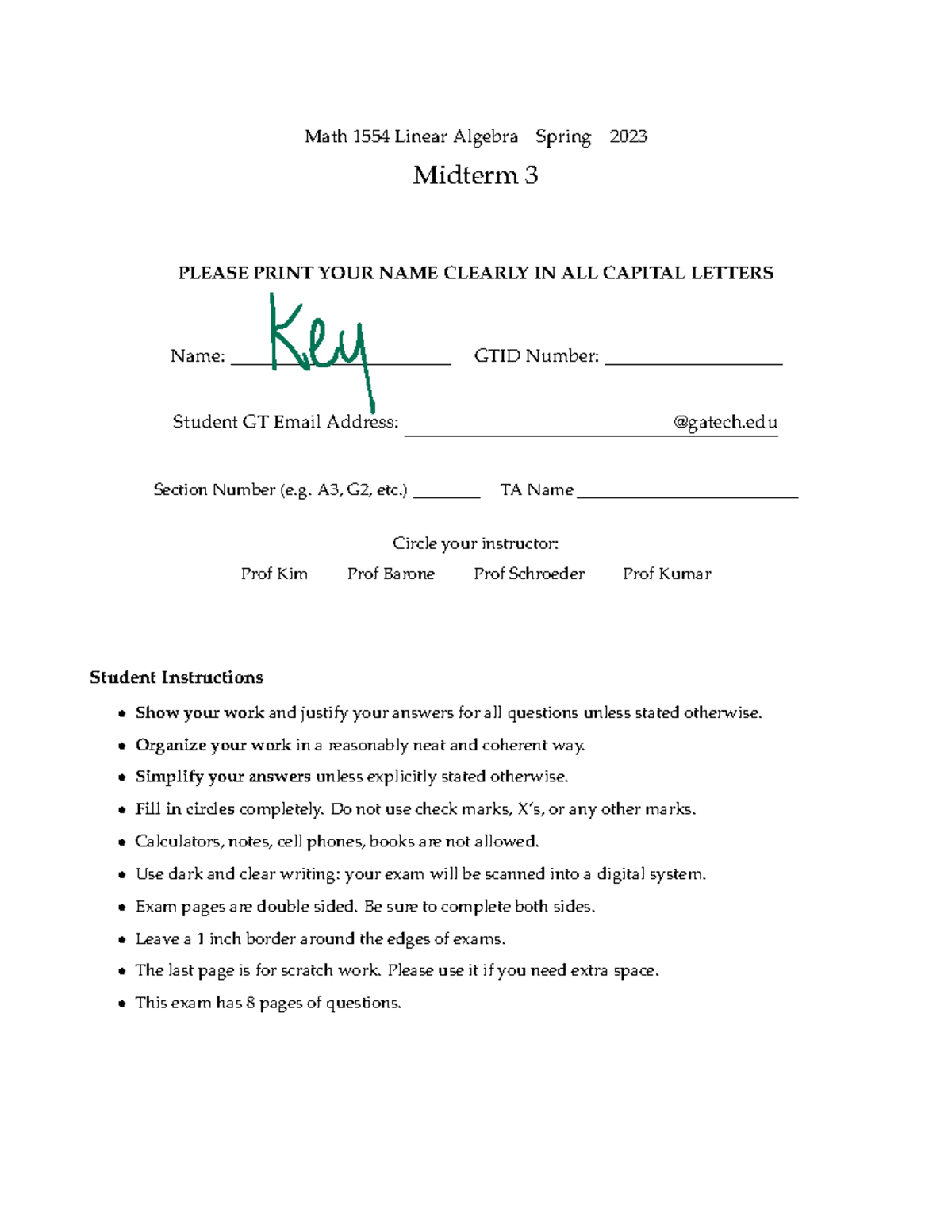 Spring 23 Exam 3 key - Math 1554 Linear Algebra Spring 2023 Midterm 3 ...
