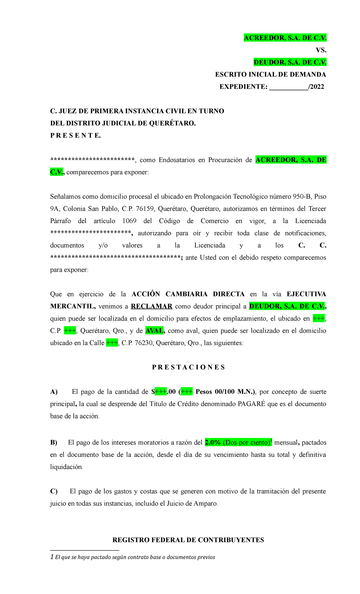 Ejecutivo Mercantil Formato Demanda Acreedor S De C Vs Deudor S De C Escrito Inicial De