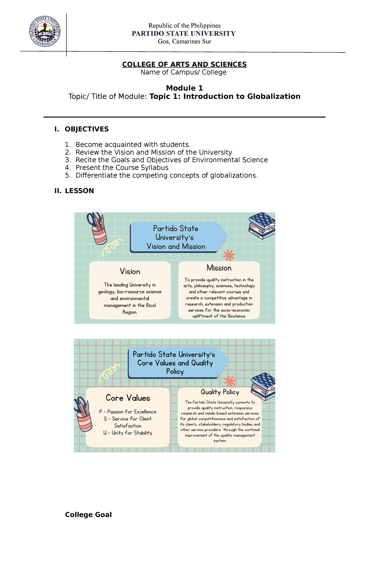 GE 3 Module 1 BSIT - Coursework - PARTIDO STATE UNIVERSITY Goa ...