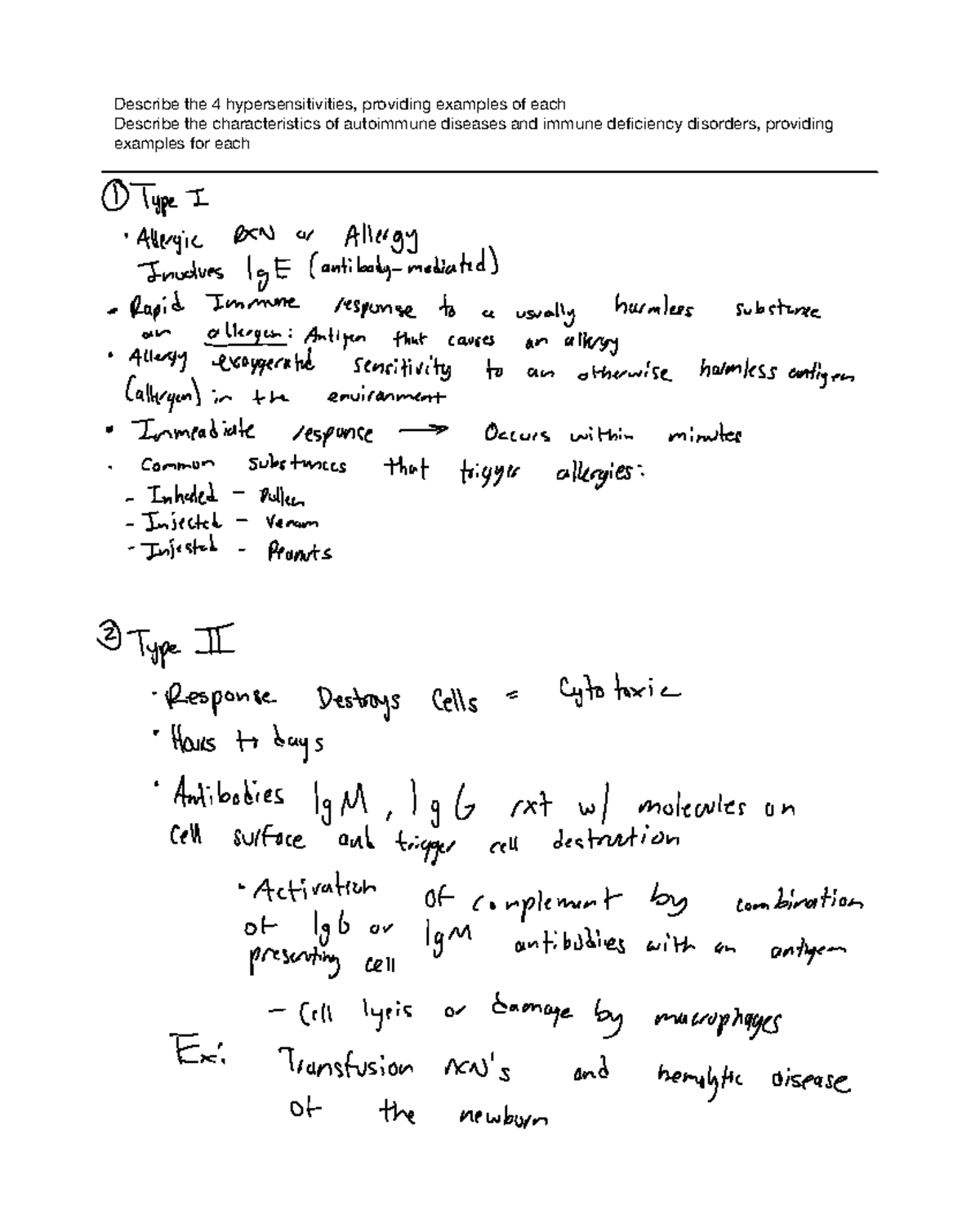 Week 11 lecture Qs - notes - Describe the 4 hypersensitivities ...