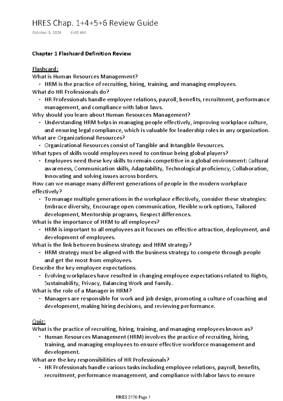 HRES Chap. 1+4+5+6 Review Guide - Chapter 1 Flashcard Definition Review ...