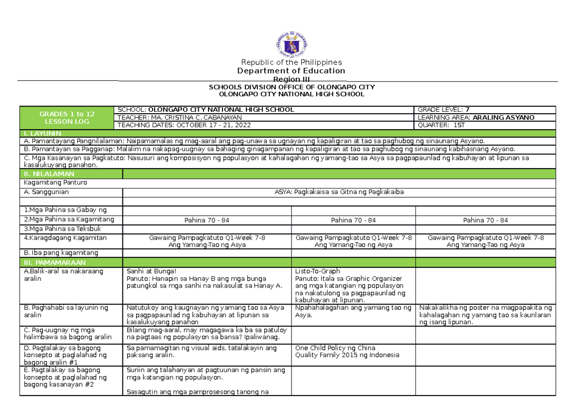 Grade 7 DLL Oct 17-21 - AP Daily Lesson Log - 7 Republic of the ...
