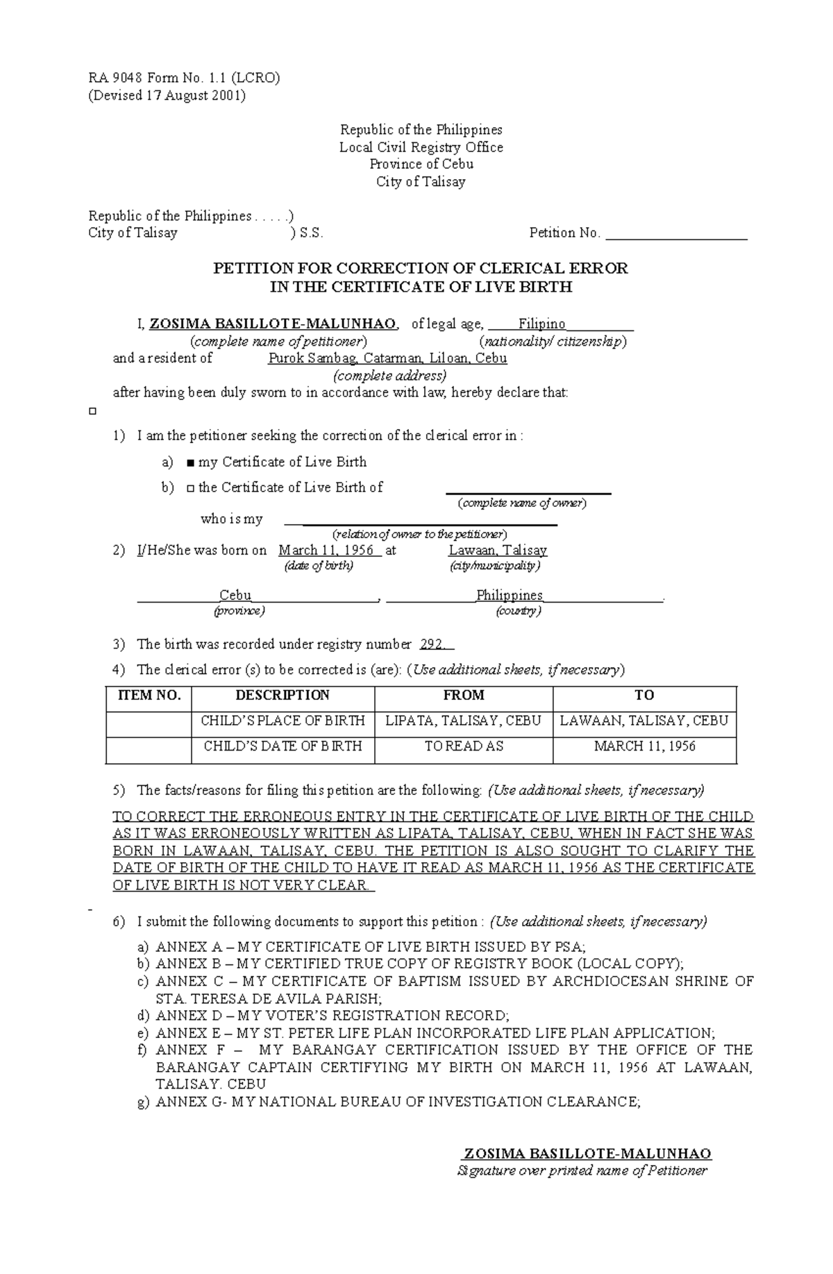 Petition FOR Correction OF Clerical Error (Basillote) - RA 9048 Form No ...