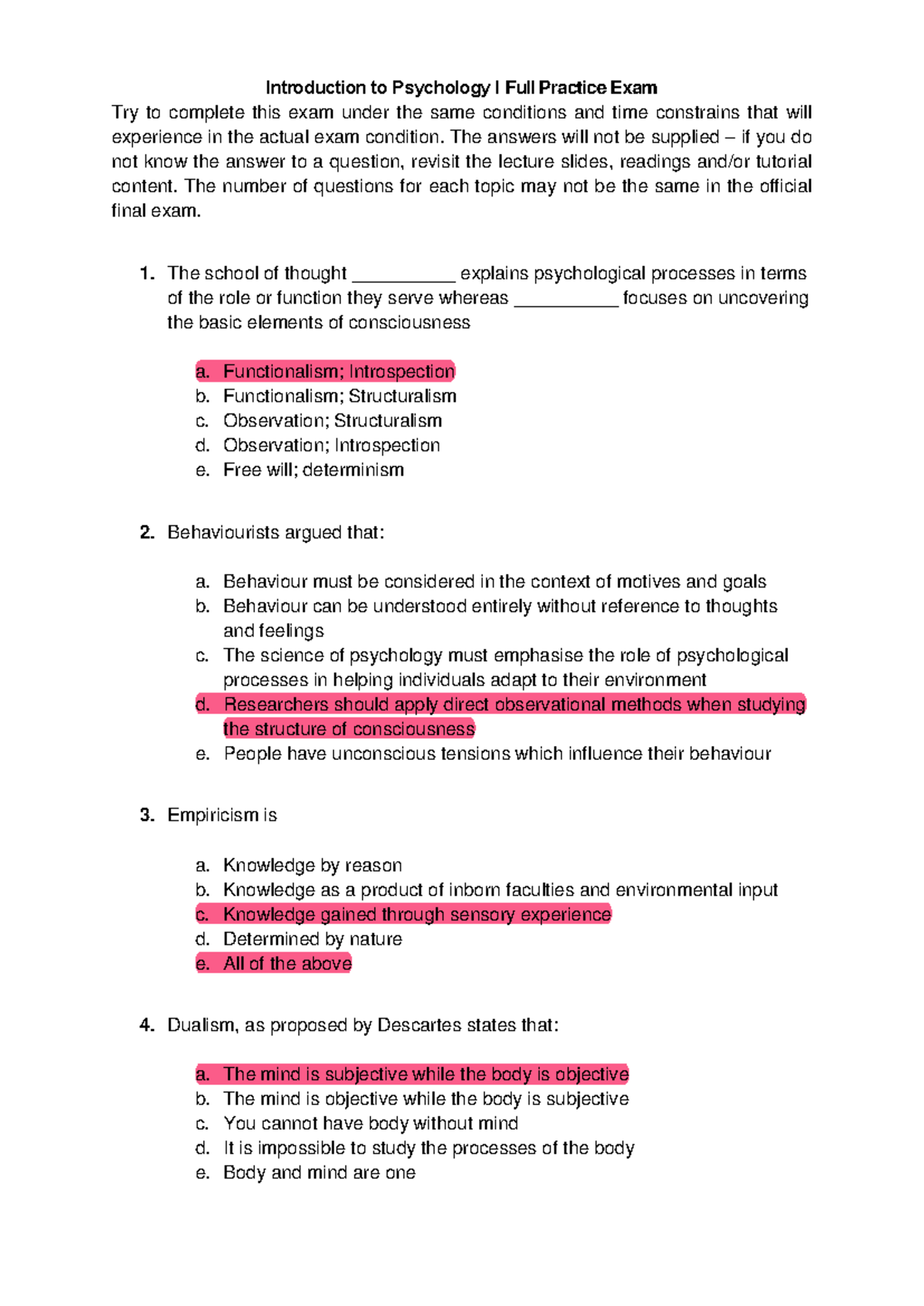 Practice Exam - Introduction to Psychology I Full Practice Exam Try to ...