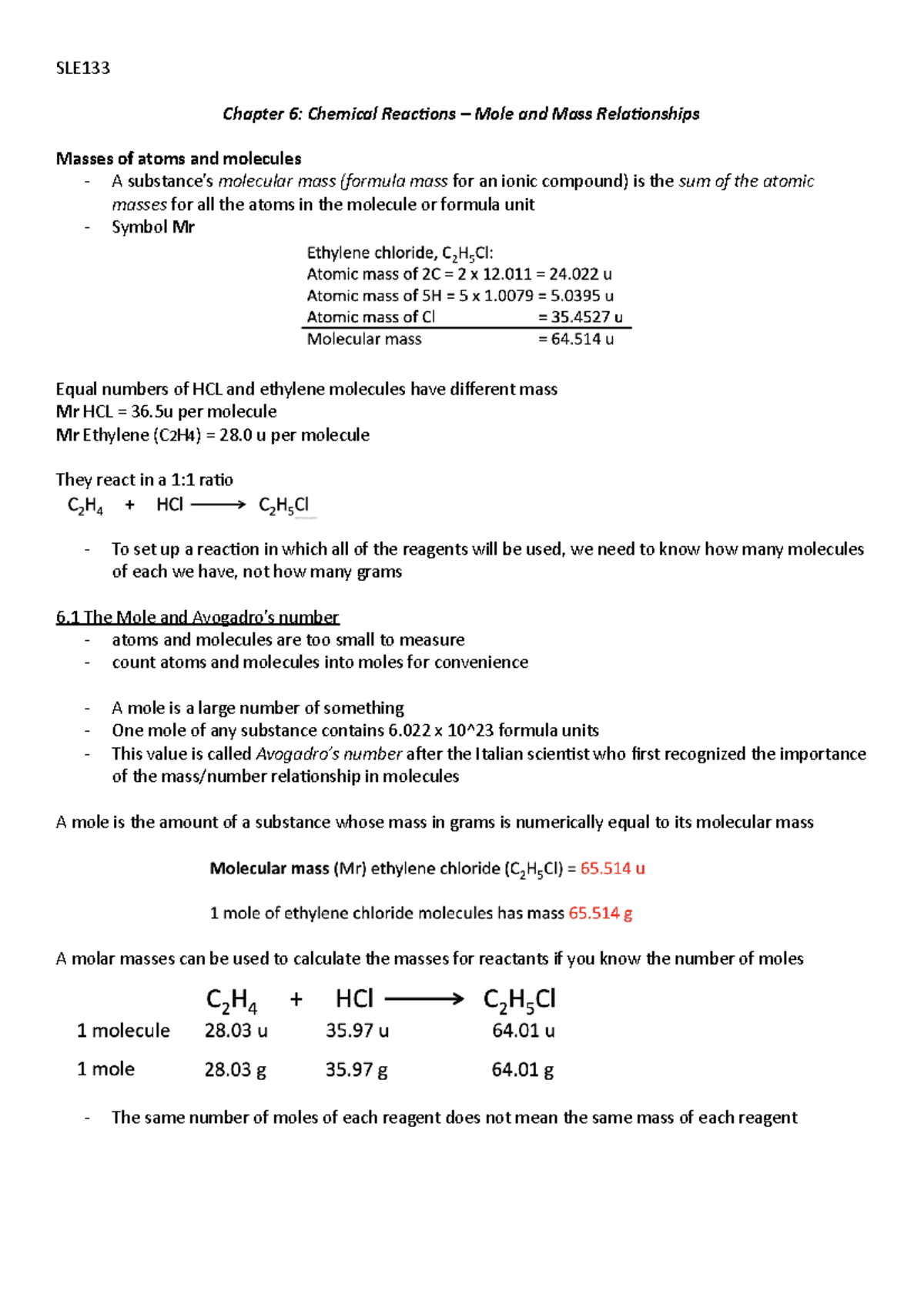 SLE133 - week 6 notes - SLE Chapter 6: Chemical Reactions – Mole and ...