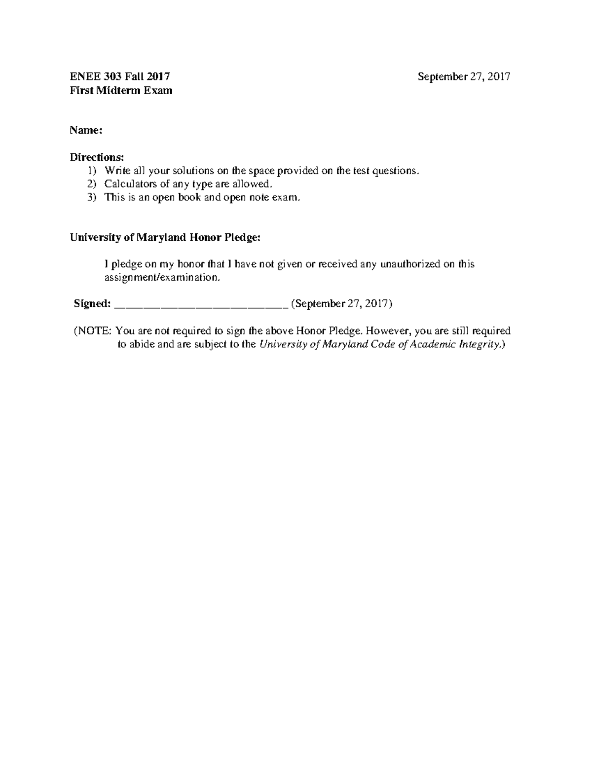 Fall 2017 - First Midterm Exam - Solution - ENEE 303 Fall 2017 ...