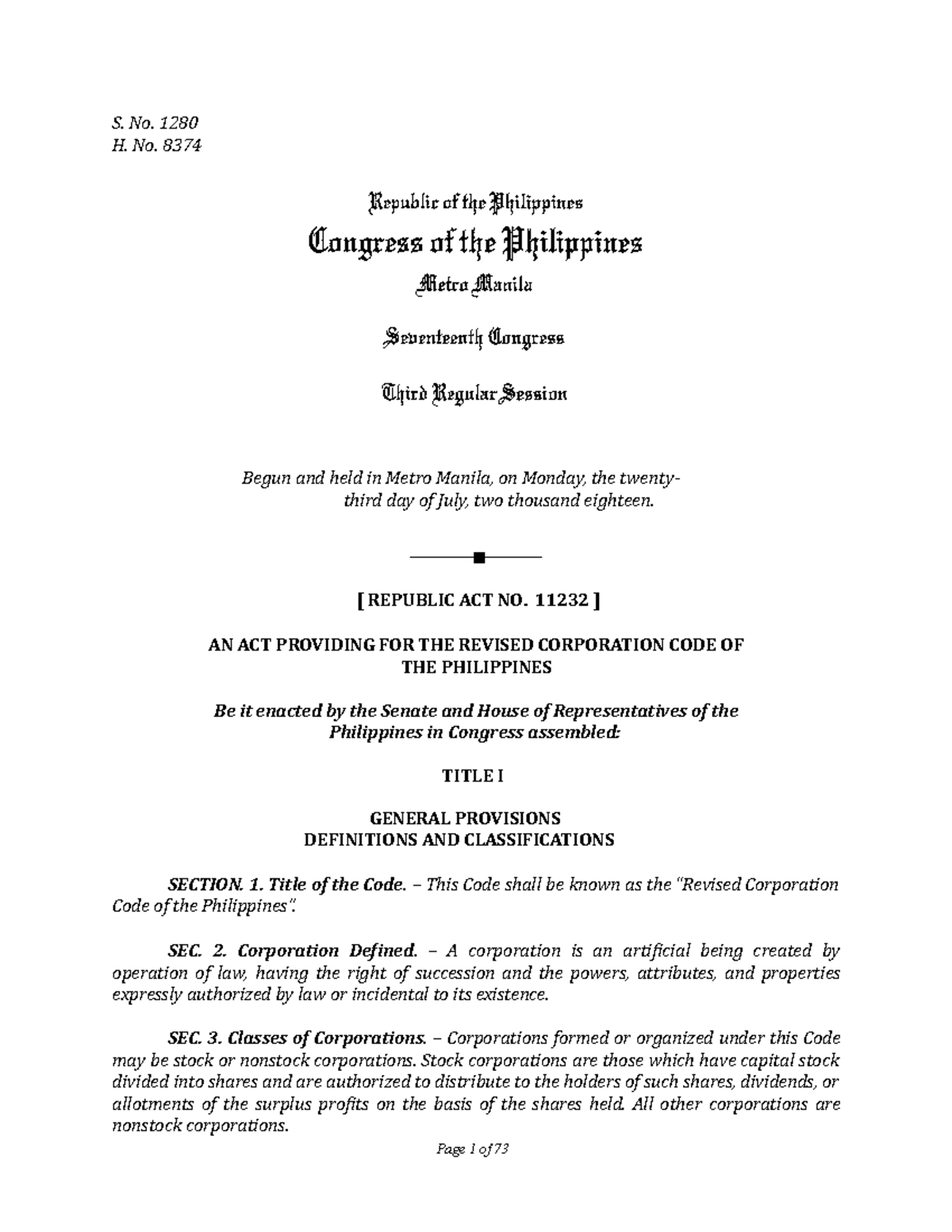 RA 11232 RCC - S. No. 1280 H. No. 8374 Begun and held in Metro Manila ...