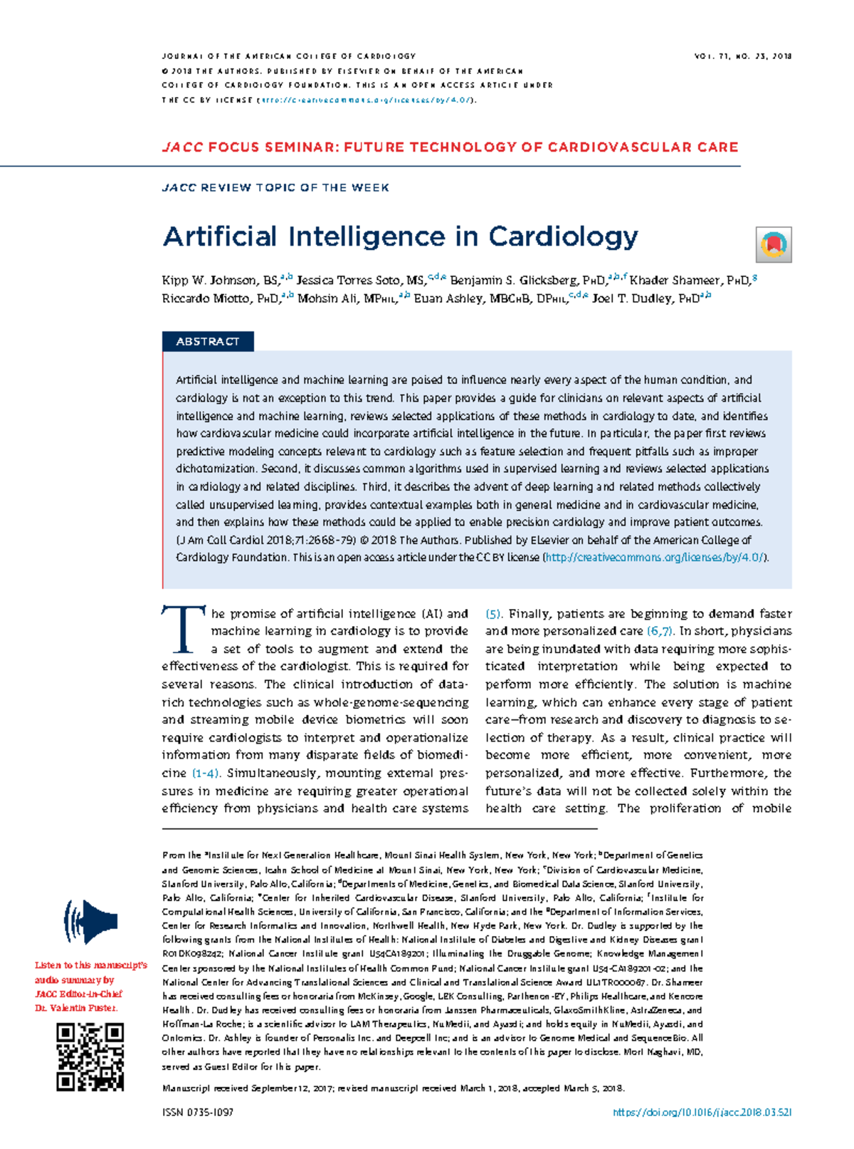 Artificial Intelligence in Cardiology - JOURNAL OF THE AMERICAN COLLEGE ...