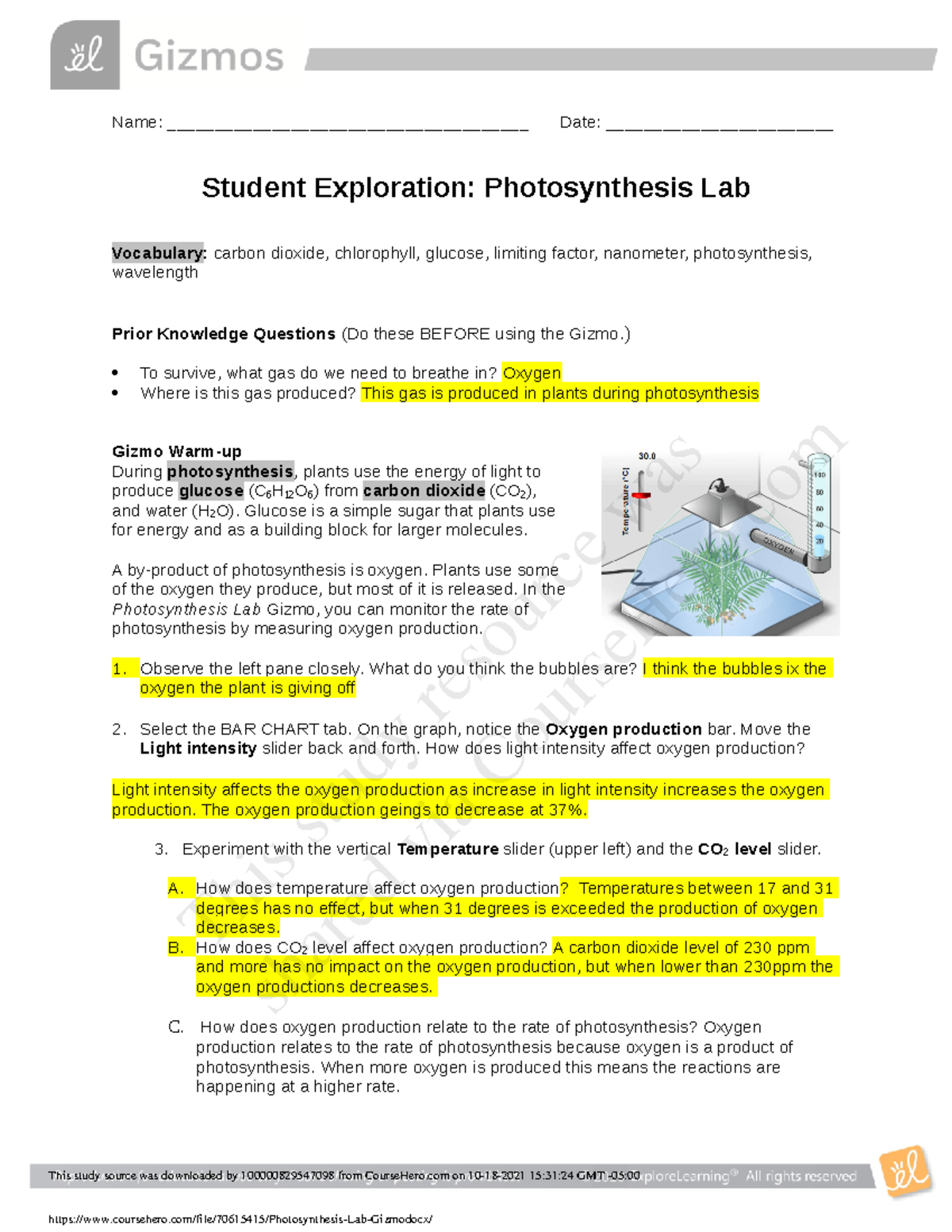 Photosynthesis Lab Gizmo assigmnent iu8iu0 Corporate lAw Studocu
