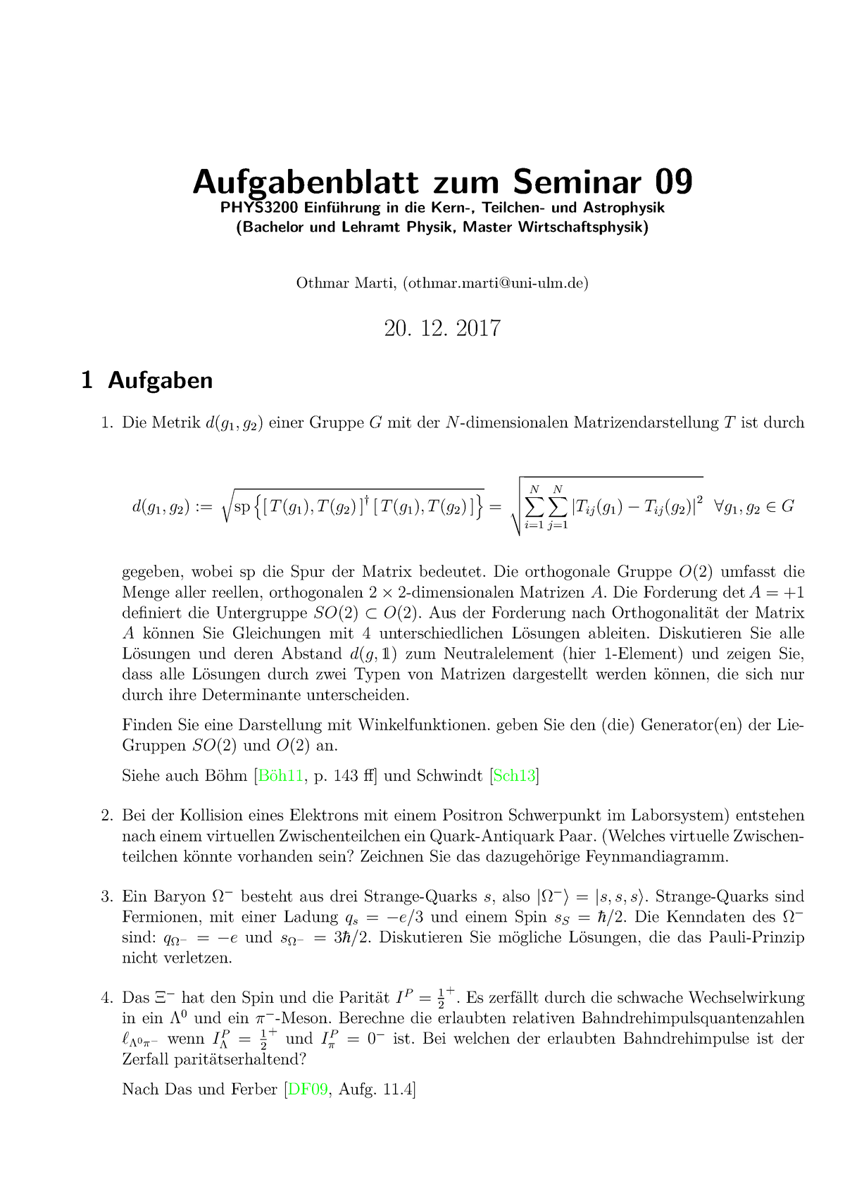 Aufgabenblatt 09 Zu Den Seminaren Vom 20. 12. 2017 Mit L”sungen ...