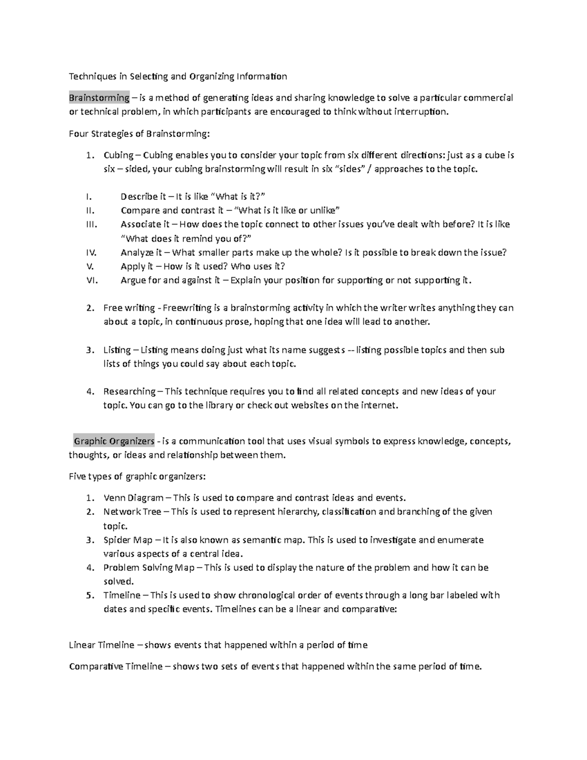 Reading and writing report - Techniques in Selecting and Organizing ...