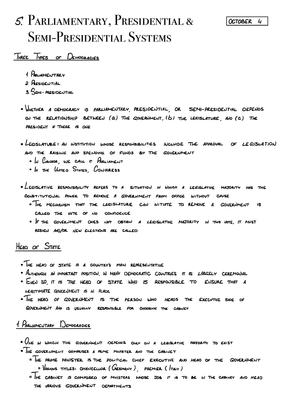 Lecture Five Parliamentary Presidential And Semi Presidentials