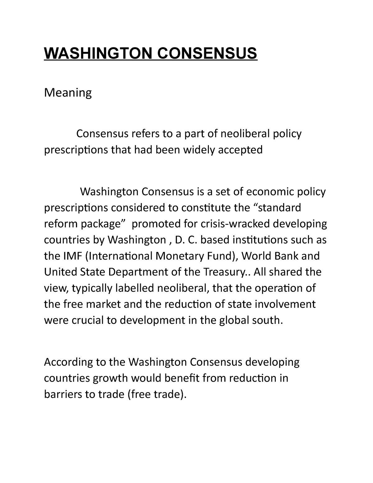 Washington consensus. Docx WASHINGTON CONSENSUS Meaning Consensus