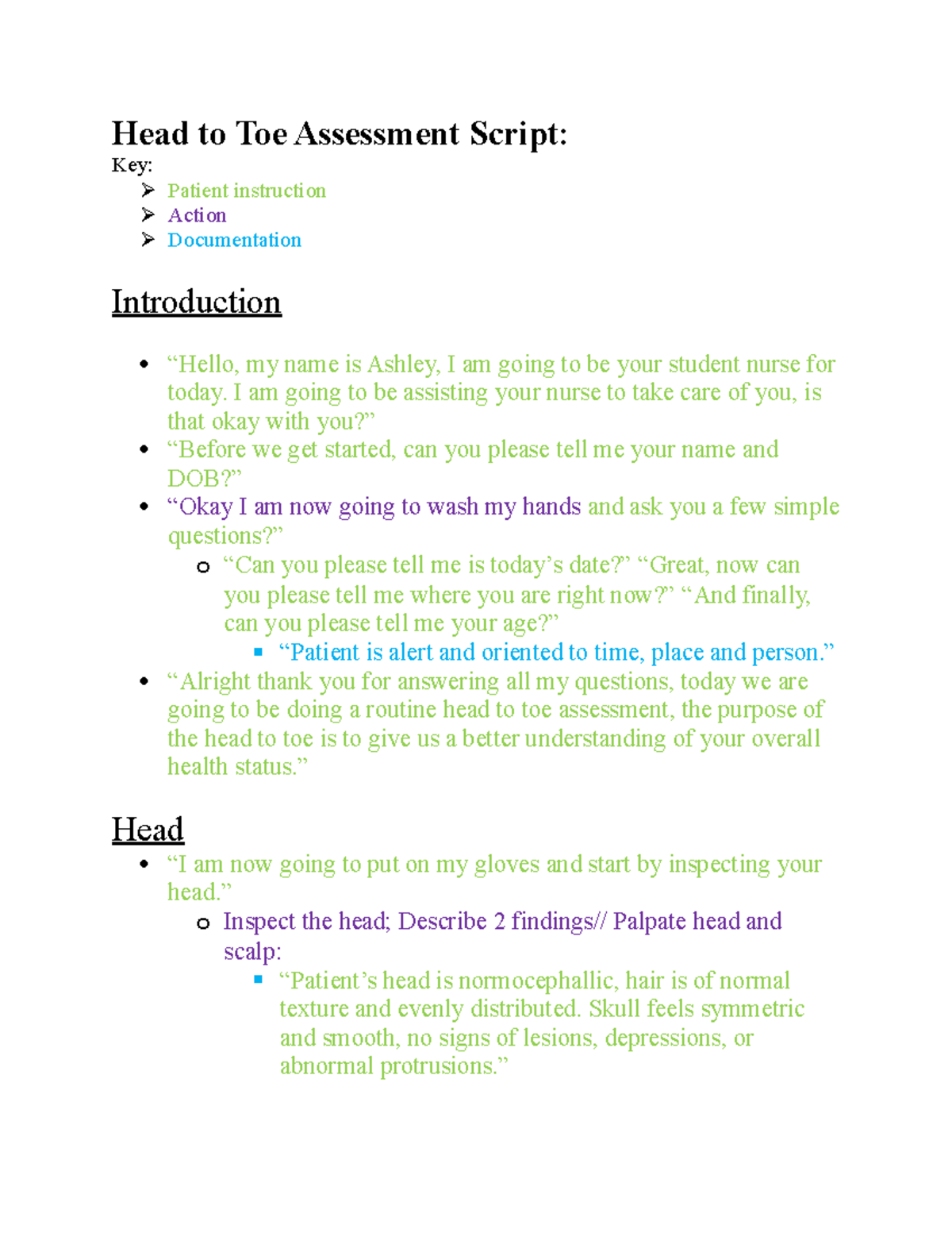 FINal HEAD TO TOE assessment (Health Assessment) - Head to Toe ...