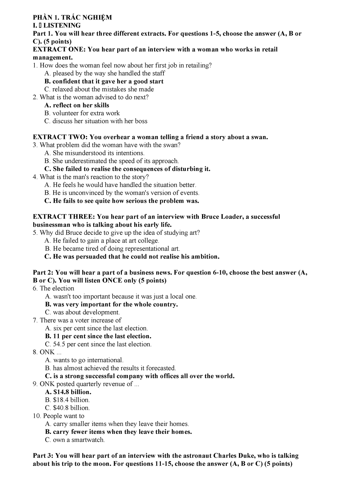 CAE Listening 1 Test 1 - PHẦN 1. TRẮC NGHIỆM I. LISTENING Part 1. You ...