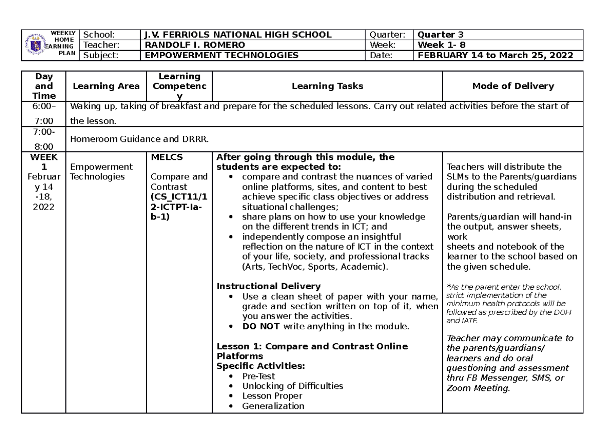 EM.TEC-11-WHLP-W1-13-Q3-Sem2. - Copy - WEEKLY HOME LEARNING PLAN School ...