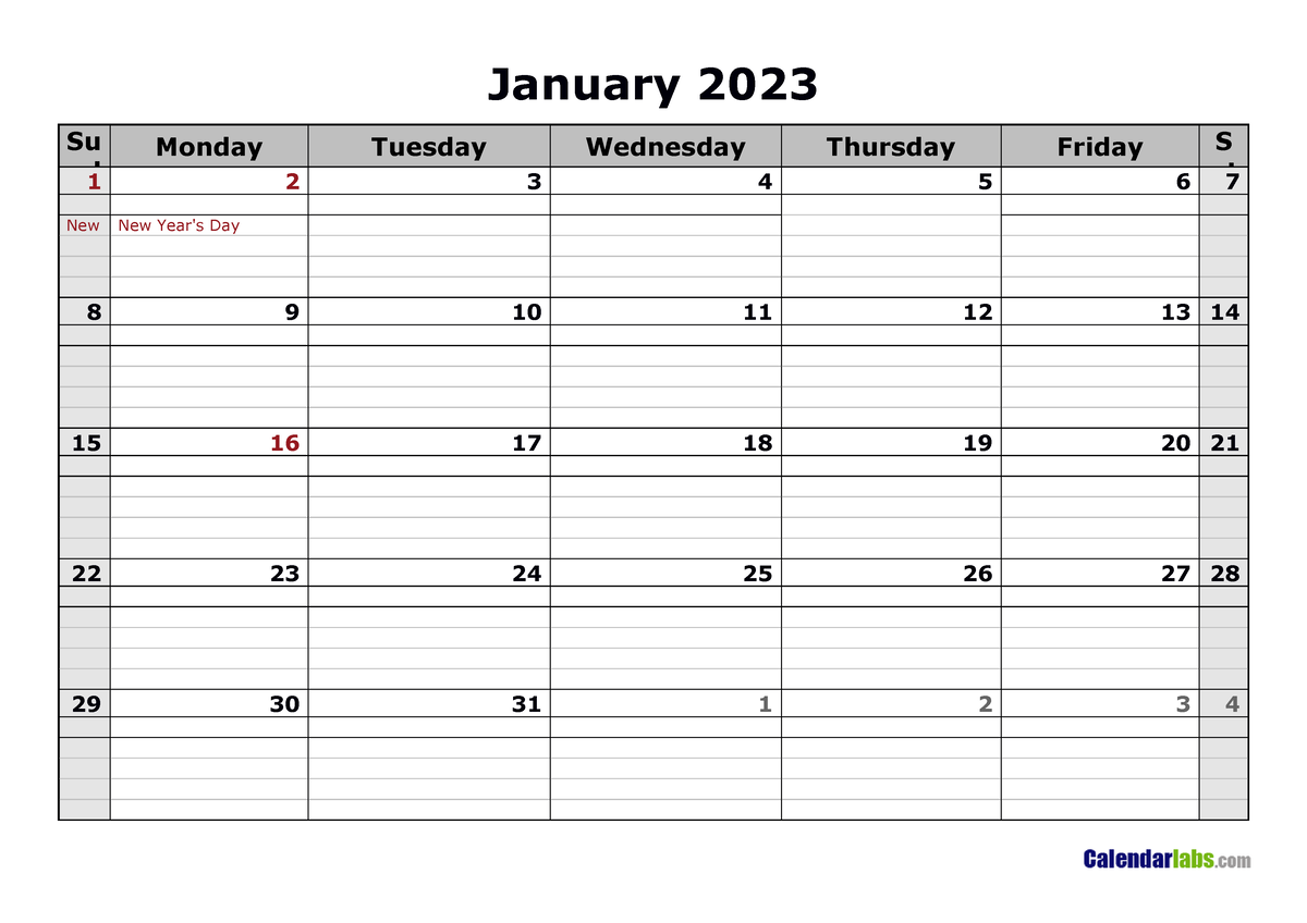 2023 monthly calendar landscape 08 - January 2023 Su nd Monday Tuesday ...