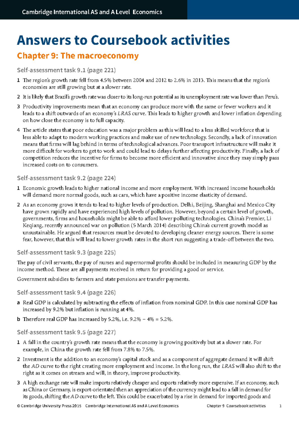 Cambridge International AS and A Level E - Answers to Coursebook activities Chapter 9: The - Studocu