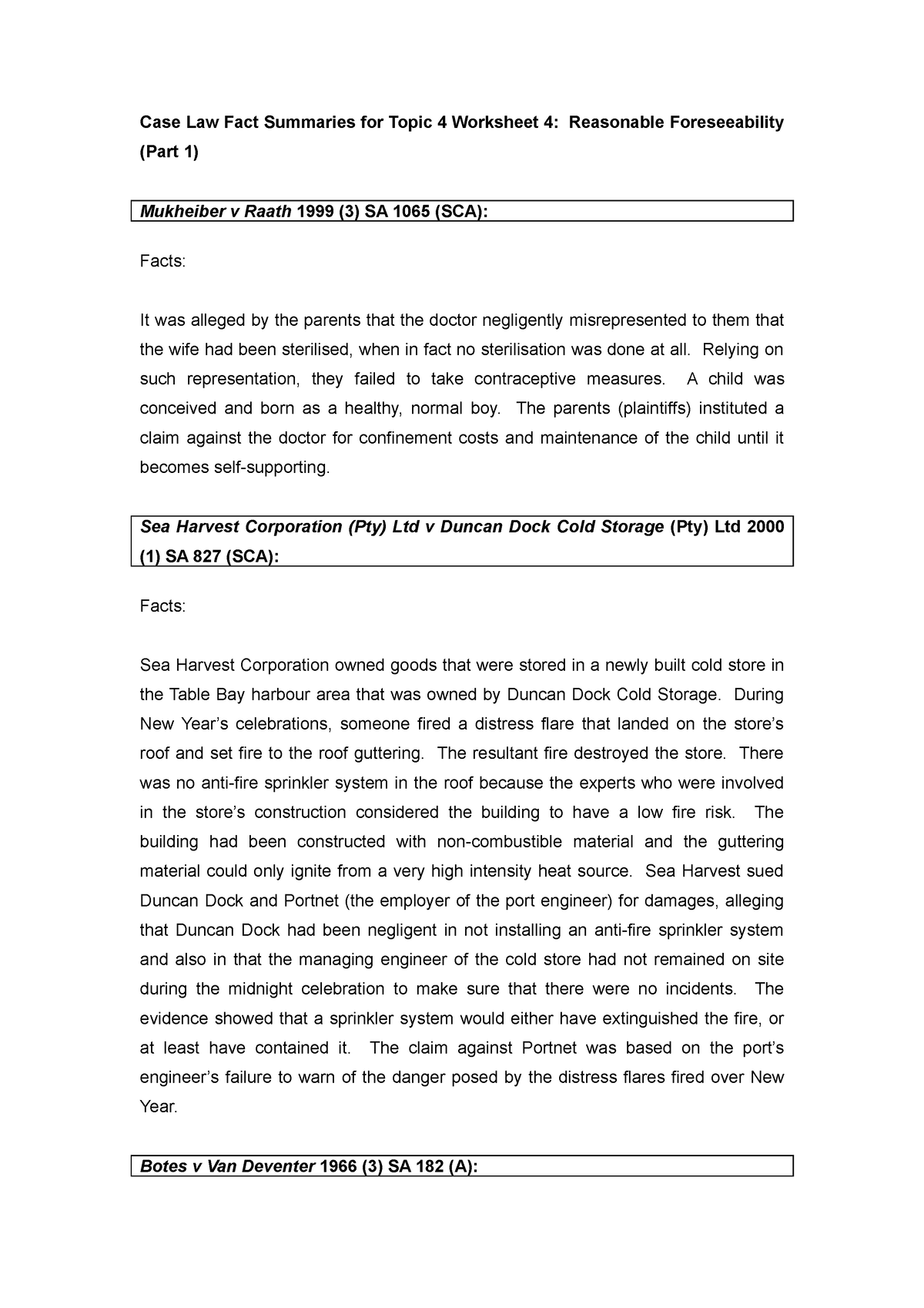 Delict Case Summaries 2 - Case Law Fact Summaries For Topic 4 Worksheet ...