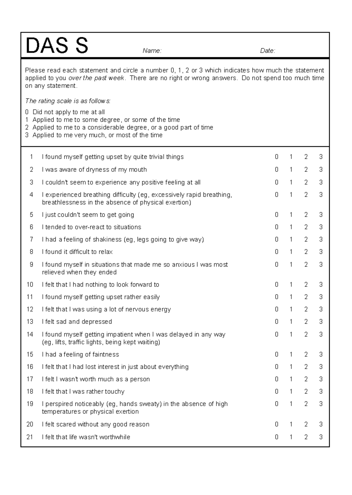 Depression anxiety stress scale dass - DAS S Name: Date: Please read ...