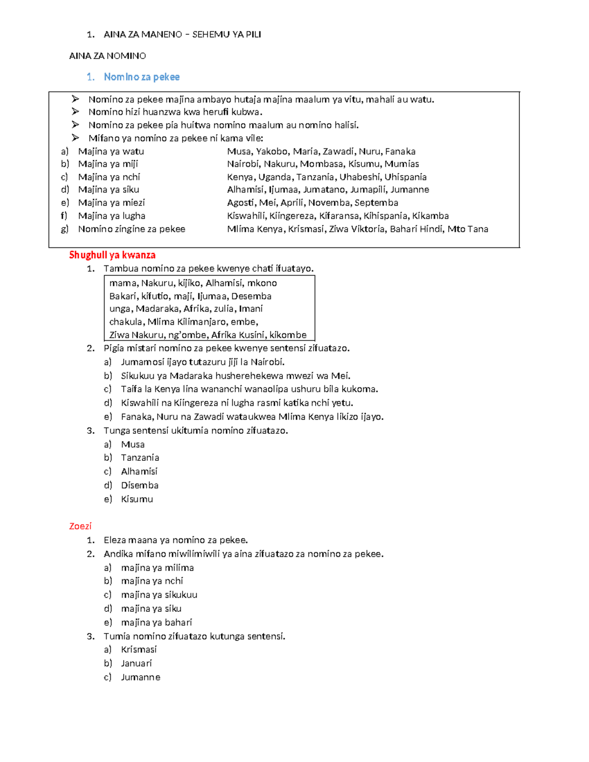 1. AINA ZA Maneno - 1. AINA ZA MANENO – SEHEMU YA PILI AINA ZA NOMINO ...