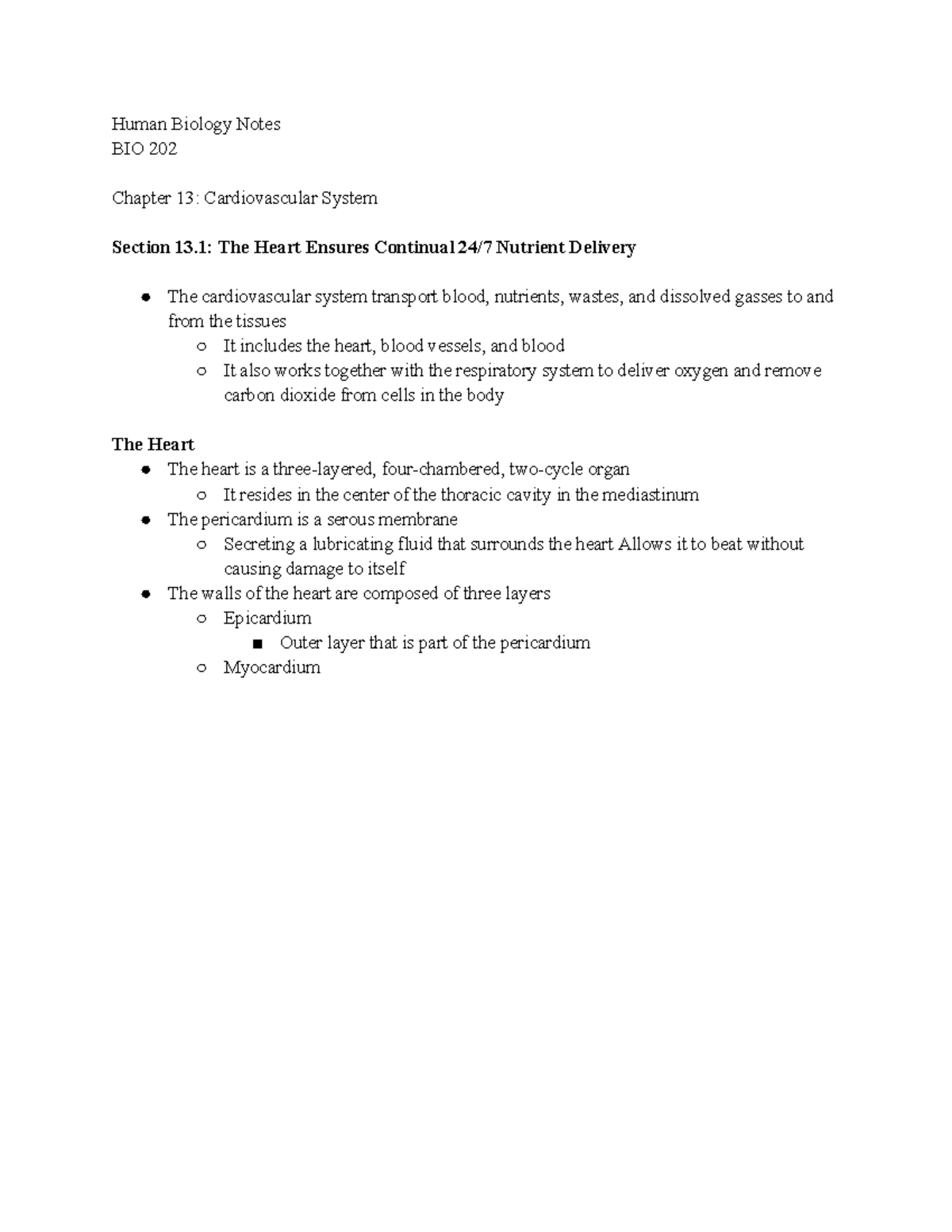 Bio Notes 6 - Human Biology Notes BIO 202 Chapter 13: Cardiovascular ...