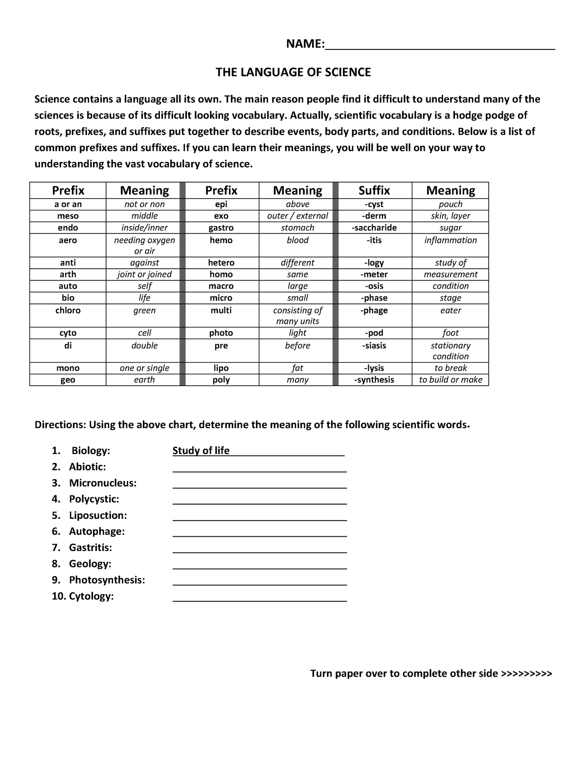 David Heredia - Language of Science Worksheet - NAME: THE LANGUAGE Pertaining To Language Of Science Worksheet