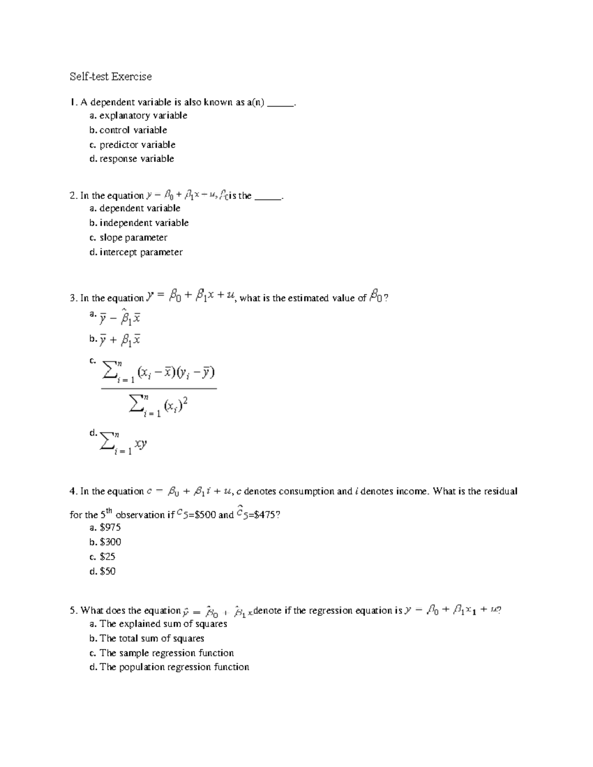 Self-test Exercise 2 (Basic Econometrics) - Self-test Exercise A ...