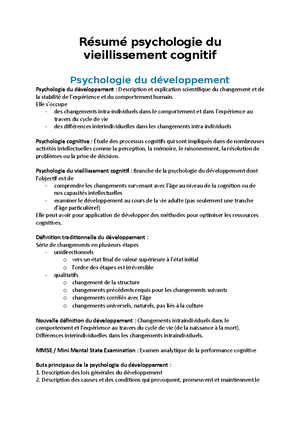 Vieillissement Cognitif – Cours 1 - QU 9 EST-CE QUE LA PSYCHOLOGIE DU ...