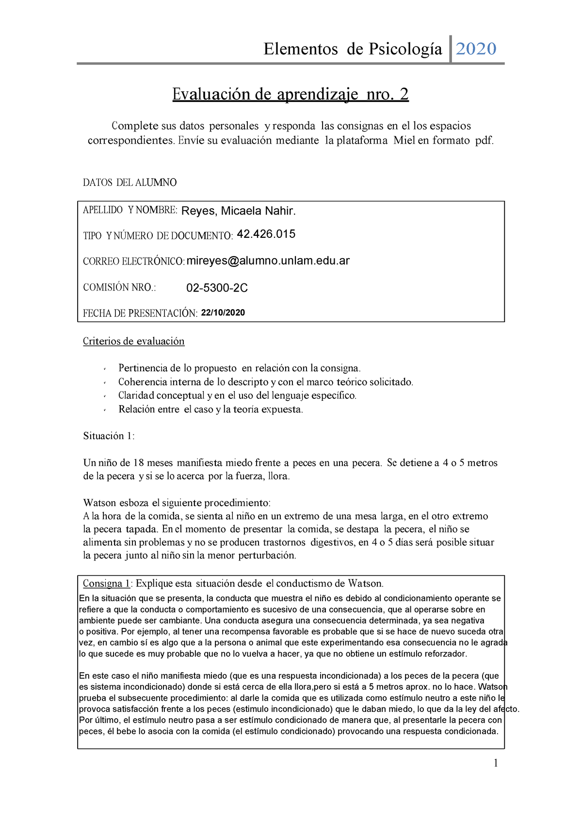 Segunda-evaluacion Oct202 - Elementos De Psicología 2020 1 Evaluación ...