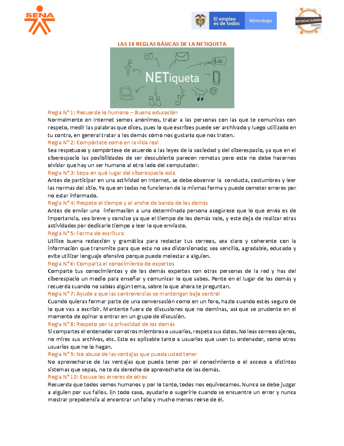 LAS 10 Reglas Básicas DE LA Netiqueta - LAS 10 REGLAS B¡SICAS DE LA ...