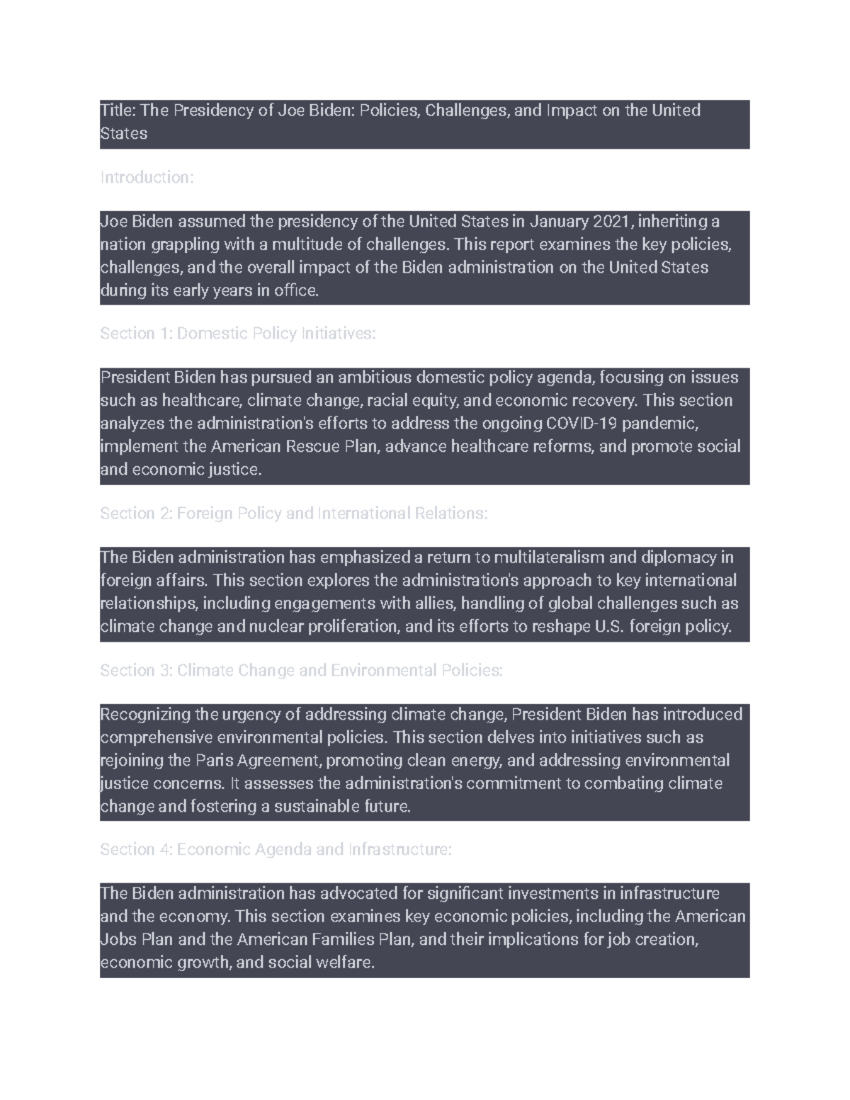 Title the presidency of joe biden policies challenges and impact on